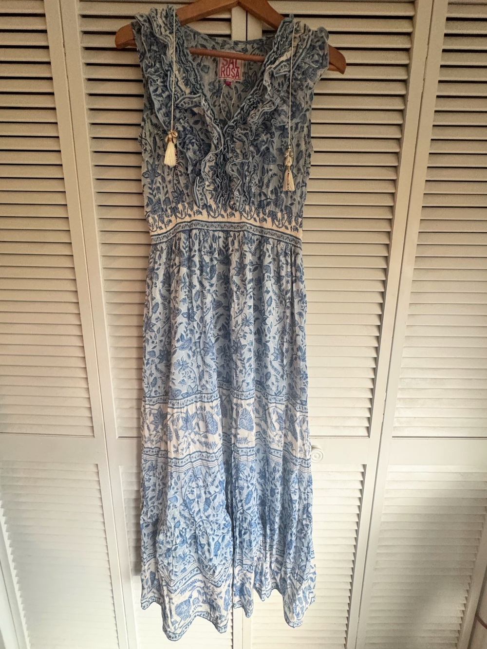 Blue Floral Maxi Dress with Tassel V-Neck